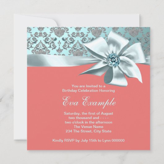 Koraal en Blauwgroen Blue Damask 50ste verjaardags Kaart (Achterkant)