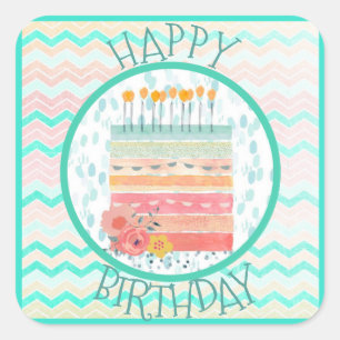 Koraal en Blauwgroen Cake Happy Birthday Party Sti Vierkante Sticker