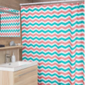 Koraal en Blauwgroen Chevron Douchegordijn