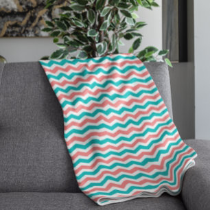 Koraal en Blauwgroen Chevron Fleece Deken