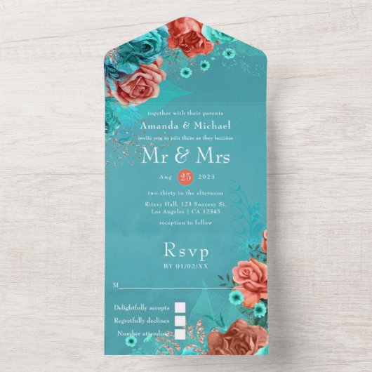 Koraal en Blauwgroen Floral Wedding All In One Uitnodiging (Binnen)