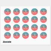 Koraal en Blauwgroen Glitter Gradient Monogram Ronde Sticker (Vel)