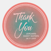 Koraal en Blauwgroen gradiënt zoet 16 Dank u Ronde Sticker (Voorkant)
