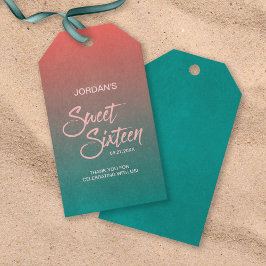 Koraal en Blauwgroen gradiënt zoet 16 verjaardag D Cadeaulabel
