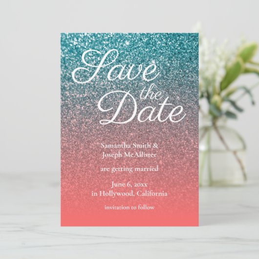 Koraal en Blauwgroen Ombre Glitter sparen de Datum Kaart (Staand voorkant)