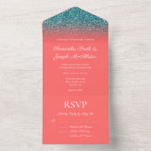 Koraal en Blauwgroen Ombre Glitter Wedding All In One Uitnodiging (Binnen)