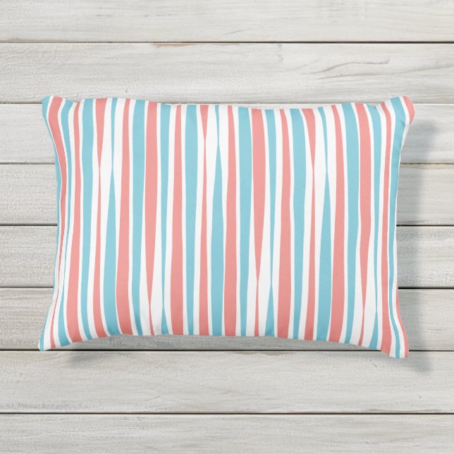 Koraal en Blauwgroen penseellijn Accent Pillow Buitenkussen (Achterkant)