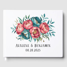 Koraal en Blauwgroen pioenen gouden boeket bruilof Gastenboek