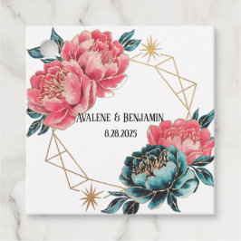 Koraal en Blauwgroen pioenen gouden boeket trouwri Bedankjes Labels