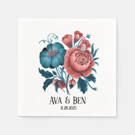 Koraal en Blauwgroen pioenen gouden boeket trouwri Servet