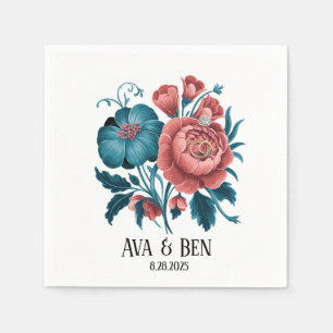 Koraal en Blauwgroen pioenen gouden boeket trouwri Servet