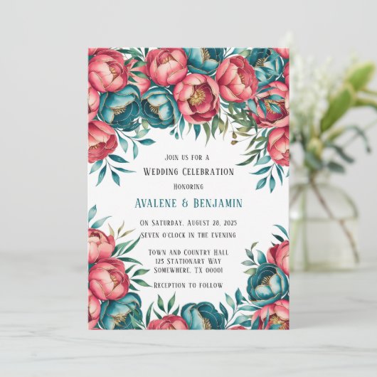 Koraal en Blauwgroen pioenen gouden bruiloft Kaart (Staand voorkant)