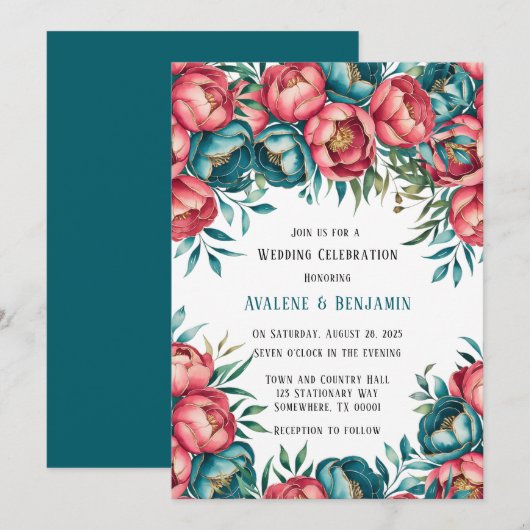 Koraal en Blauwgroen pioenen gouden bruiloft Kaart (Voorkant / Achterkant)