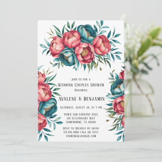 Koraal en Blauwgroen pioenen gouden bruiloft paren Kaart (Staand voorkant)