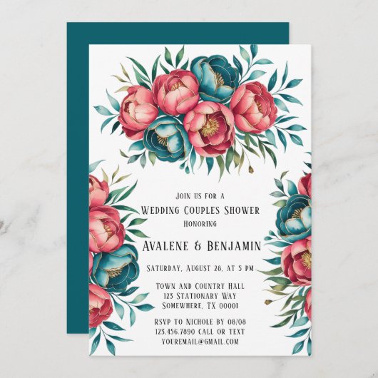 Koraal en Blauwgroen pioenen gouden bruiloft paren Kaart (Voorkant / Achterkant)