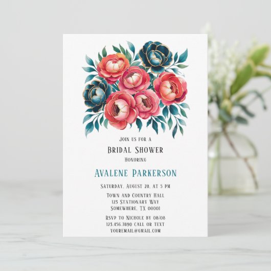 Koraal en Blauwgroen pioenen Gouden Vrijgezellenfe Kaart (Staand voorkant)