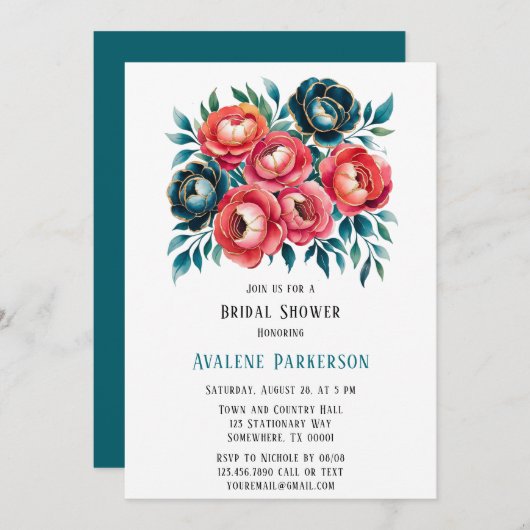 Koraal en Blauwgroen pioenen Gouden Vrijgezellenfe Kaart (Voorkant / Achterkant)