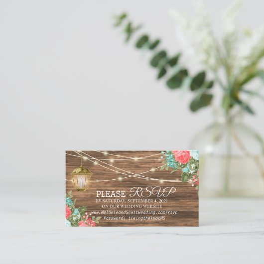 Koraal en Blauwgroen - Rsvp en register - Weddensc Informatiekaartje (Staand voorkant)