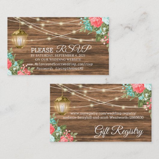 Koraal en Blauwgroen - Rsvp en register - Weddensc Informatiekaartje (Voorkant / Achterkant)