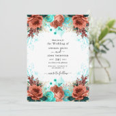Koraal en Blauwgroen uitnodiging tot bruiloft (Staand voorkant)