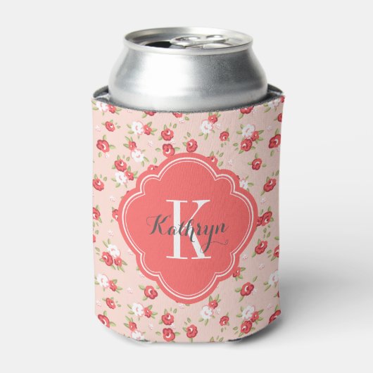 Koraal en Blush  Bloemen Monogram Blikjeskoeler (Blikje Voorkant)