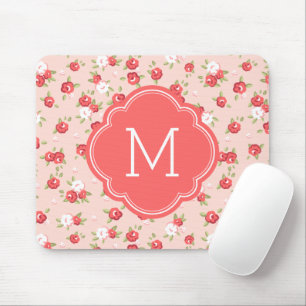 Koraal en Blush Chique  Bloemen Print Monogram Muismat