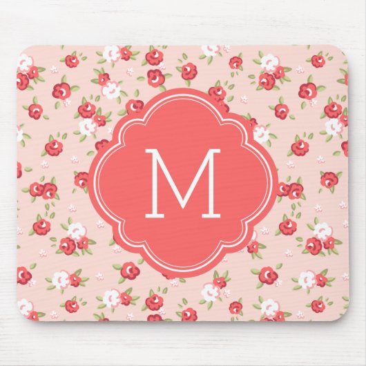 Koraal en Blush Chique  Bloemen Print Monogram Muismat (Voorkant)