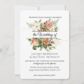 Koraal en Blush Peony, Rozen w Fern Wreath Wedding Kaart (Voorkant)
