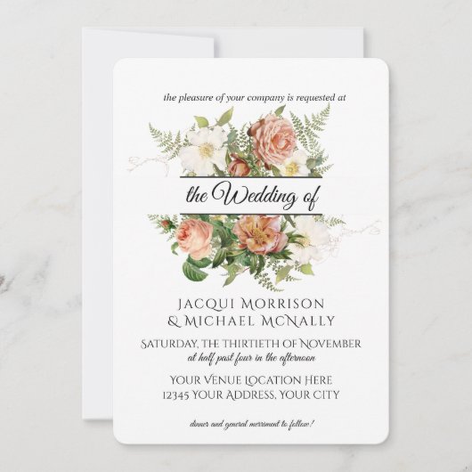 Koraal en Blush Peony, Rozen w Fern Wreath Wedding Kaart (Voorkant)