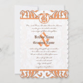  koraal en bruin Damask bruiloft uitnodiging (Voorkant)