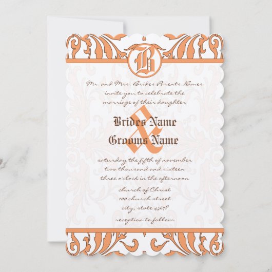  koraal en bruin Damask bruiloft uitnodiging (Voorkant)