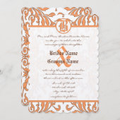  koraal en bruin Damask bruiloft uitnodiging (Voorkant / Achterkant)