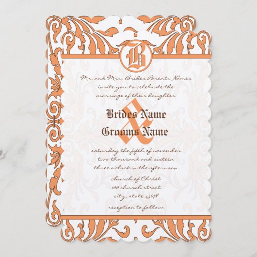  koraal en bruin Damask bruiloft uitnodiging (Voorkant / Achterkant)