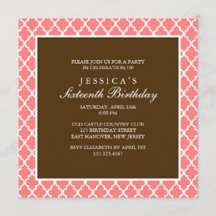 Koraal en bruin Elegant Quatrefoil Birthday Kaart