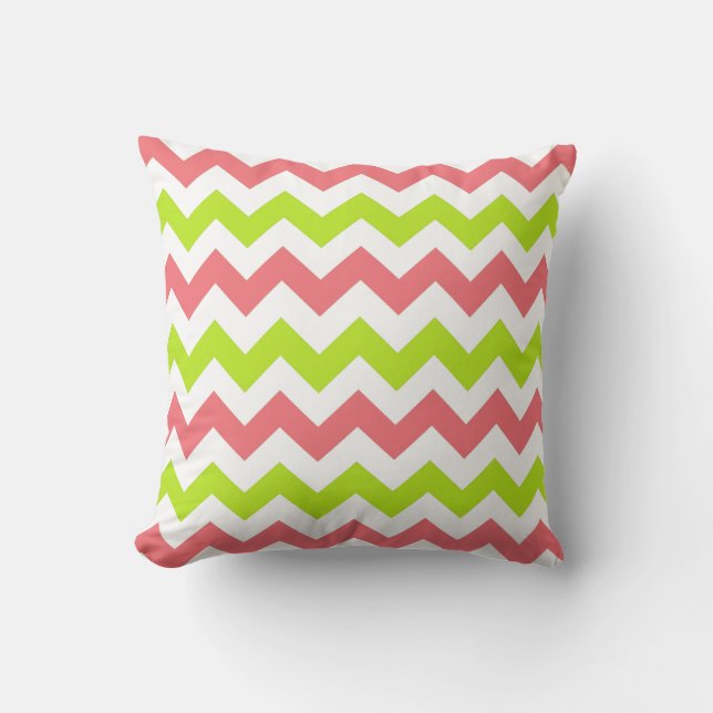Koraal en Chartreuse Chevron Zig Zag Pillow Kussen (Voorkant)