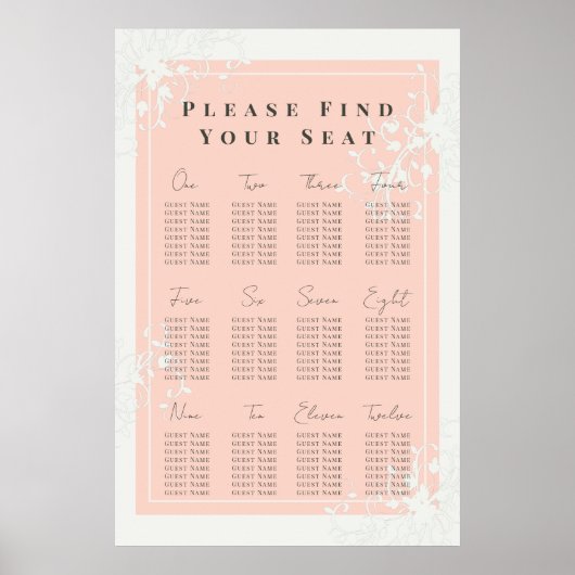 Koraal en crème Filigree Elegant Seating Chart Poster (Voorkant)