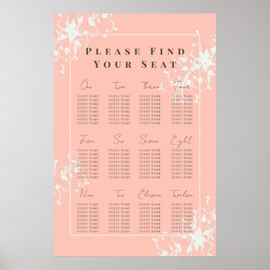 Koraal en crème Filigree Elegant Seating Chart Poster (Voorkant)