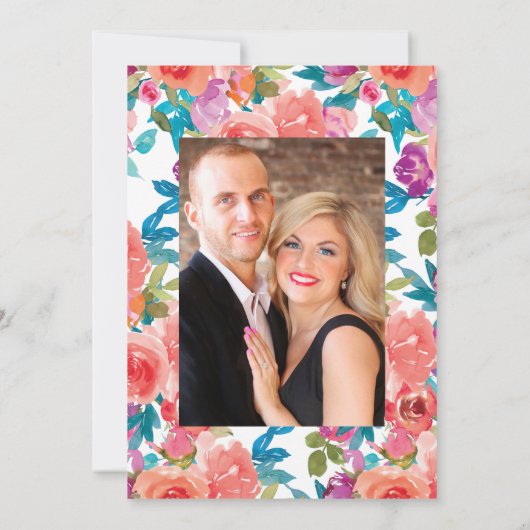 Koraal en Fandango bloemen bruiloftsfoto Save The Date (Achterkant)