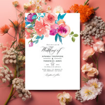 Koraal en Fandango Bloemen Bruiloftsfoto Uitnodigi