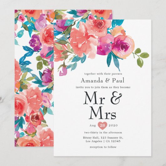 Koraal en Fandango Floral de heer en mevrouw Weddi Kaart (Voorkant / Achterkant)