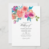 Koraal en Fandango Floral Wedding Foto Uitnodiging (Voorkant)