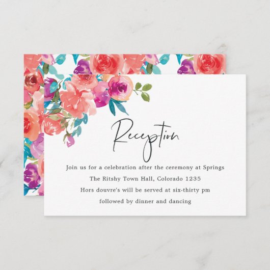 Koraal en Fandango Floral Wedding Reception Informatiekaartje (Voorkant / Achterkant)