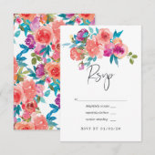 Koraal en Fandango Floral Wedding RSVP Kaartje (Voorkant / Achterkant)