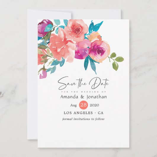 Koraal en Fandango Floral Wedding Save The Date (Voorkant)