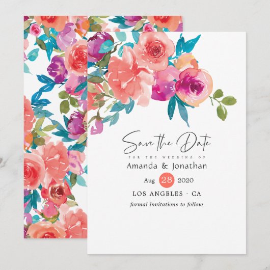 Koraal en Fandango Floral Wedding Save The Date (Voorkant / Achterkant)
