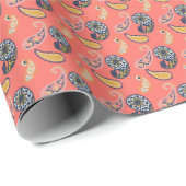 Koraal- en gele paisley cadeaupapier (Rol Hoek)