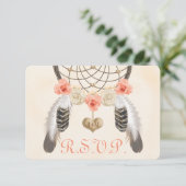 Koraal en Goud Boho Dreamcatcher Bruiloft RSVP Kaa (Staand voorkant)
