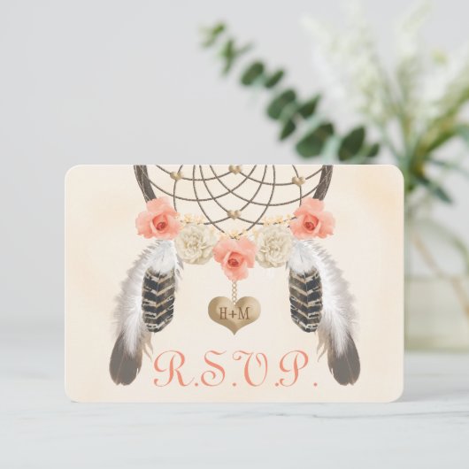 Koraal en Goud Boho Dreamcatcher Bruiloft RSVP Kaa (Staand voorkant)
