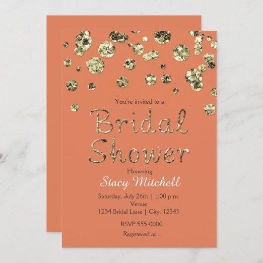 Koraal en Goud Glitter Bruids Douche Uitnodiging (Voorkant / Achterkant)