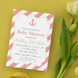 Koraal en goud maritieme babyshower uitnodiging